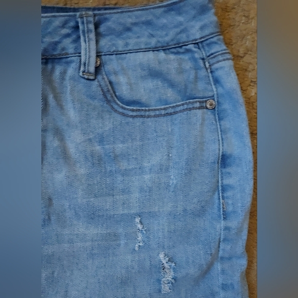 Emjean Light Blue Denim Distressed Jeans Mini Skirt Small Frayed Hem - Picture 4 of 12
